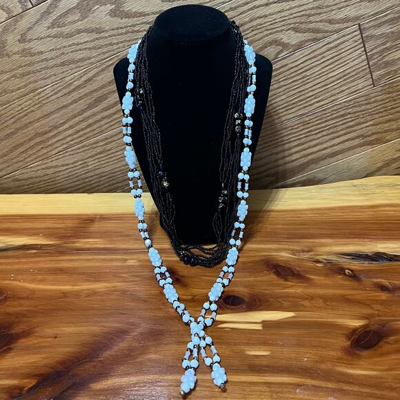 Vintage Seed Beaded Layered Necklace 2 MCM White Black Floral Handmade Beads - Picture 1 of 15